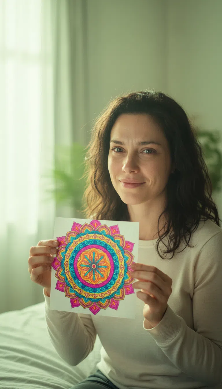 Mulher segurando mandala finalizada